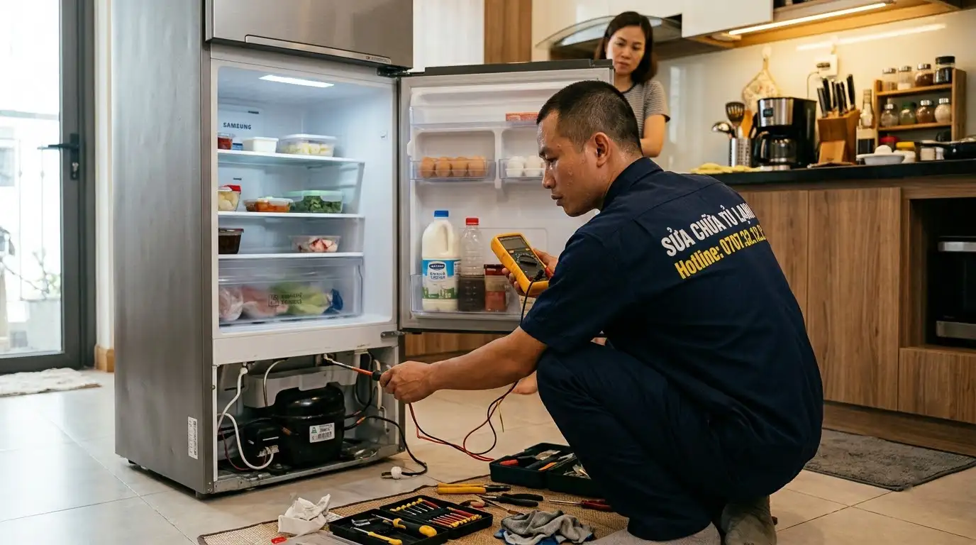 Kỹ thuật viên đo kiểm tủ lạnh sáng đèn nhưng block không chạy