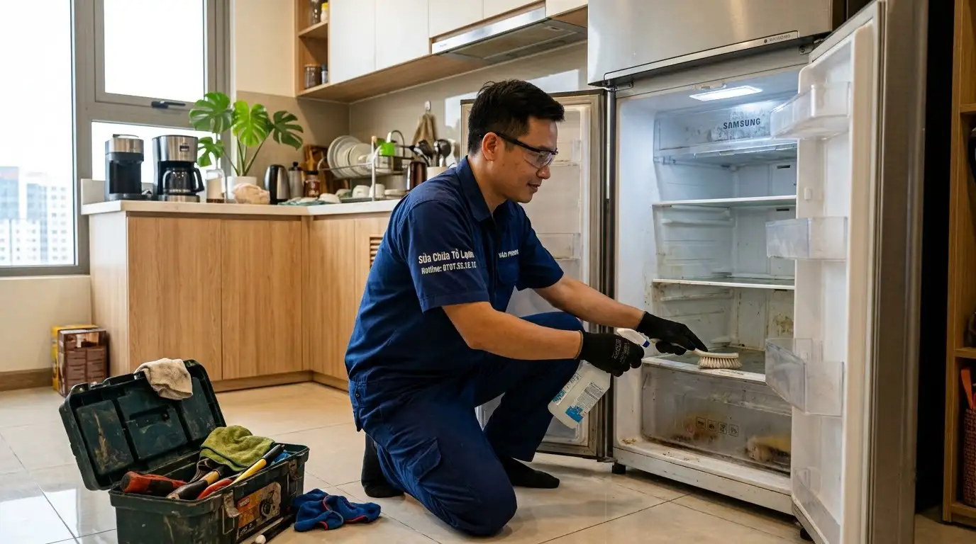 Kỹ thuật viên tiến hành vệ sinh tủ lạnh bị hôi tận nhà